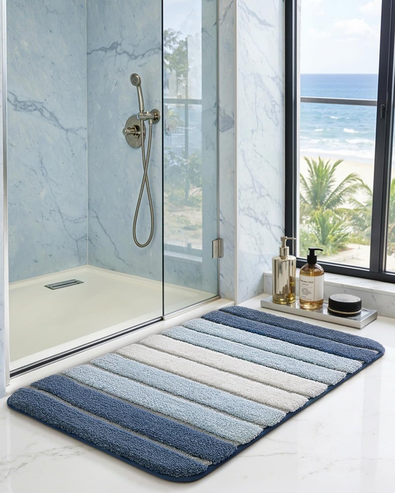 DEXI حصائر استحمام DEXI للحمام، 20x32 حصيرة استحمام ماصة من الألياف الدقيقة سريعة الجفاف، سجادات حمام قابلة للغسل مع قاعدة غير قابلة للانزلاق لحمام الدش، زرقاء - Image 4